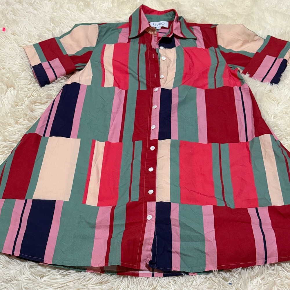 Liviva Multicolor Striped Button-Front Midi Shirt Dress - Pink/Green/Red